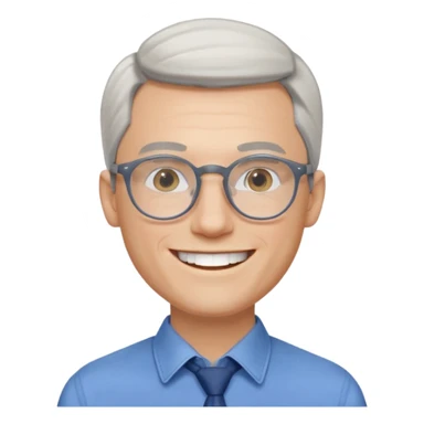 30 yr old pale white man, white/grey side swept stylish hair, round glasses, big smile, white teeth, handsome, longer hair, thin glasses, blue dress shirt sticker
