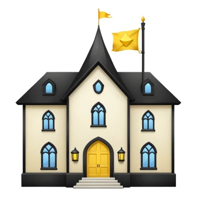 white background, magic school, black roof, with a big flag, big flag on a roof, big yellow flag, white school sticker