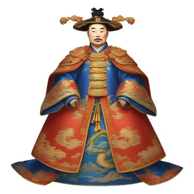 Qianlong, Qing dynasty's emperor, is recognized by his majestic attire: dragon-adorned imperial robes, a court headdress, and a ceremonial scepter. 🐉👑 sticker