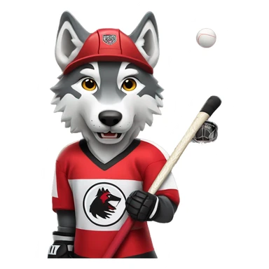 A wolf in a red black and white hockey uniform with a wolf emblem is playing hockey sticker