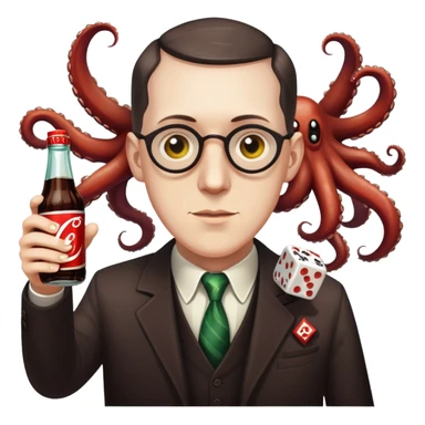 writer Lovecraft holding a bottle of cola and throwing dice, emoji style, with tentacles in the background sticker