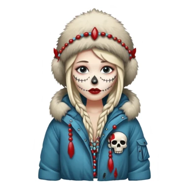 An attractive Alaskan princess, full body, facing to the right. In the style of your bleeding skull art. sticker