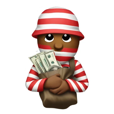 Make me a robber with a red and withe stripes as a shurt holding a money bag on the back sticker