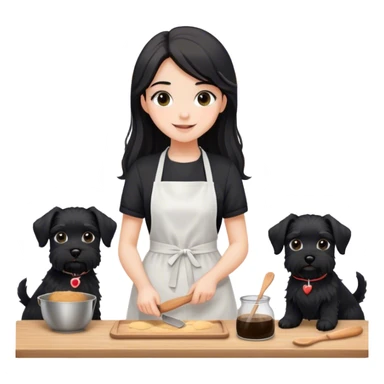 pale smiling girl baking with long back hair wearing black long shirt wearing apron holding black  schnauzer sticker