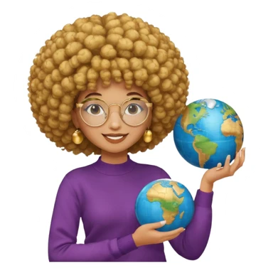 a young woman wearing gold round glasses and afro hair, she has medium/mate skin, she's wearing a sweater and she's holding a globe in her hand sticker