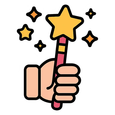 colorful magic wand gripped by a cute hand, stars floating around, kawaii icon style sticker
