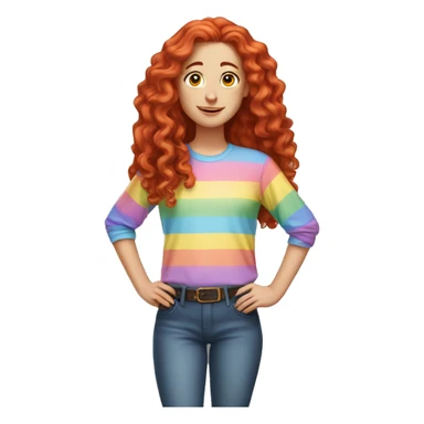 white girl with long red curly hair, wearing a pastel rainbow shirt doing a pose sticker