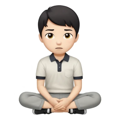 A cartoon young Asian boy with short black hair, light beige skin, and large expressive eyes, wearing a white polo shirt, gray pants, and black shoes. He sits cross-legged on the ground, one fist resting on his cheek, with a closed-mouth smirk. Clean lines, flat colors, solid black background. sticker
