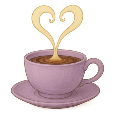 Change the pink mocha with steam forming a heart to lavender, keep it cute and inviting in Ghibli style, with no background. sticker