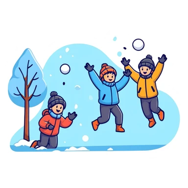 kids playing a snowball fight outdoors, energetic, winter clothing sticker