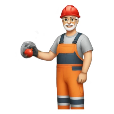 Industrial professional senior mechanical assembler working on the assembly of heavy machinery with a red outfit sticker