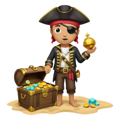 A 3D cartoon pirate with one eye covered by a black eye patch, holding a treasure chest of gold, wearing a hat, standing on sand, Memoji-style. sticker