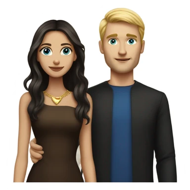 Beautiful skinny woman long dark brown hair in dark dress with gold earrings and blond man with blue eyes with book sticker