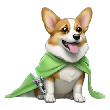 Corgi dress as yoda with one light saber green sticker
