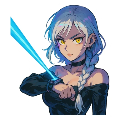  a closeup portrait of young woman with gold yellow eyes, white hair, long braid, black off-shoulder top d-cup, punk gothic style, futuristic cyberwave cyberpunk,  shooting a blue lazer from a small device on her left wrist sticker