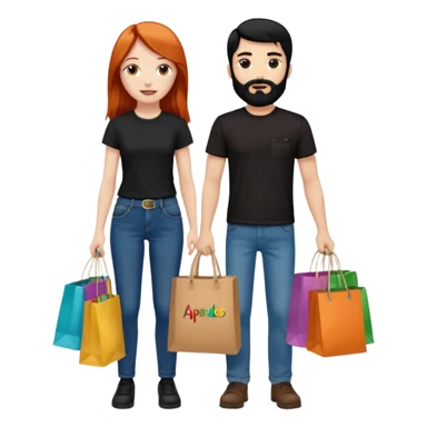 Chica blanca con cabello cobrizo largo y chico con cabello y barba negra los dos de contextura media los dos vestidos de jeans y camiseta negra con bolsas de compras de colores con letrero que diga apartado sticker