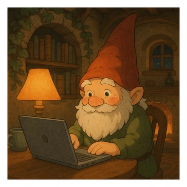 a gnome at a laptop, with a cozy, fantasy-inspired setting sticker
