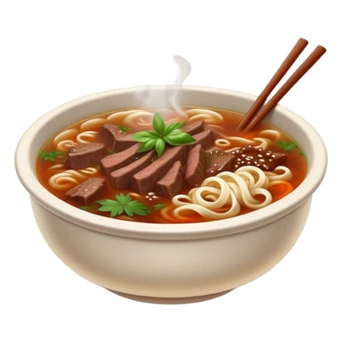 Cinematic Realistic Pho Dish Emoji, depicted as a steaming bowl of aromatic beef noodle soup with herbs rendered with lifelike textures and vibrant, warm lighting. sticker