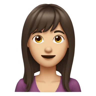 brunette woman with bangs and long hair waving and moustache sticker
