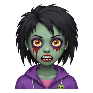 girl, zombie, black coily hair, medium long, emo, shaggy, dark, spooky, piercing on eyebrow, colourful teeth, creepy blank expression sticker
