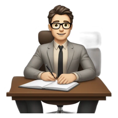 Pale skinned Fit Man With dark brown hair in gray jacket, beige office shirt and vintage glasses sitting In a soft chair with a notebook with emblem Ψ and a pen in his hands sticker