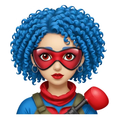 blue curly haired paintball playergirl with huge earrings, wearing red paintball eye mask, sticker