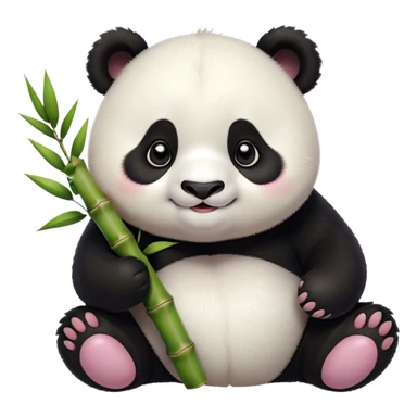 Cinematic smiling chubby panda, fluffy black and white fur, round rosy cheeks, tiny paws holding a bamboo shoot, sparkling eyes full of joy, soft glowing background, irresistibly huggable. sticker