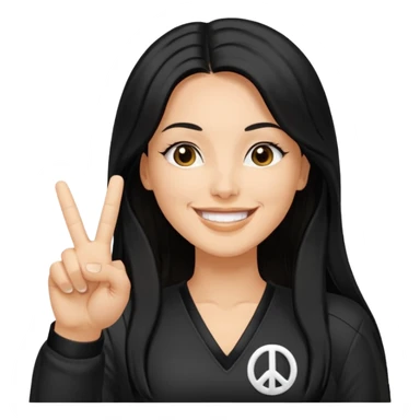white adult woman in a y2k outfit, long black hair, making a peace sign sticker