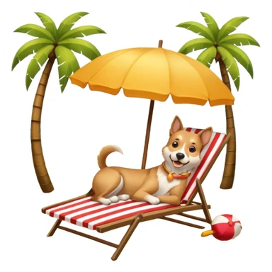 a dog laied on a beach chair, a sunny beach, a sun umbrella, and beach coconut trees. the icon should capture the essence of a relaxing beach vacation with a carefree atmosphere sticker
