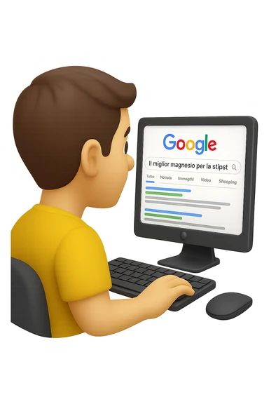 emoji stile iphone di un uomo davanti al pc che cerca di google: "Il miglior magnesio per la stipsi", iperrealistico 4k sticker