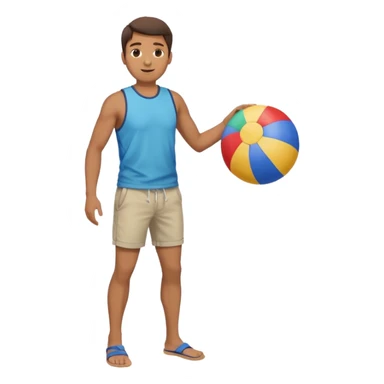 A man in Bermuda shorts as a full-body swimsuit and a beach ball sticker