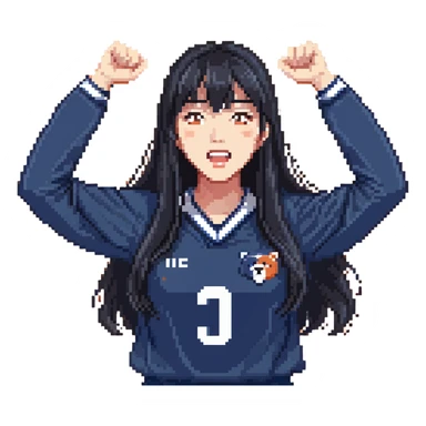 East Asian woman with long black straight hair and bangs wearing navy and white Doosan Bears team colors, cheering sticker