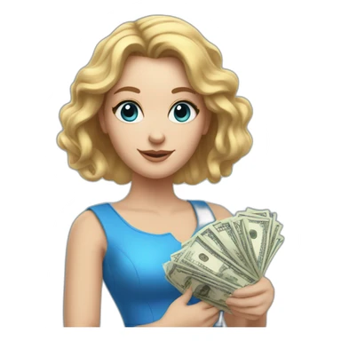 Realistc white girl in a blue dress her hair out holding the money sticker