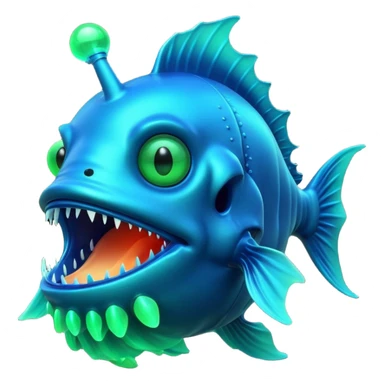 3D render of Anglerfish, bioluminescent deep sea style, glowing neon blue and green lights, dark background to contrast the glow, translucent organic textures, Apple emoji style. sticker