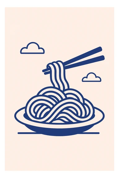 a plate of noodles with chopsticks, simple and modern, flat blue illustration sticker