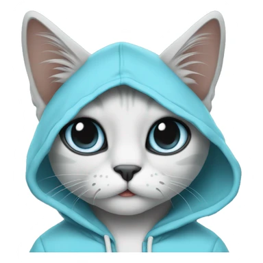 Cat wearing baby blue hoodie and a black MacBook sticker