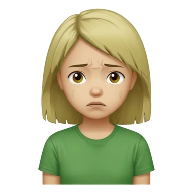 Young girl with straight, damaged, unkempt hair, wearing a green T-shirt, with a sad and discouraged expression on her face. sticker