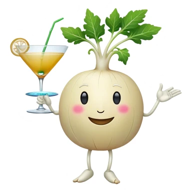 white turnip with smiling face and leafy stalk dancing and drinking a cocktail sticker