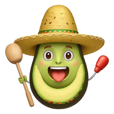 avocado in guacamole wearing a sombrero with a mallet mid-swing above, dynamic whack-a-mole action, iOS emoji style sticker