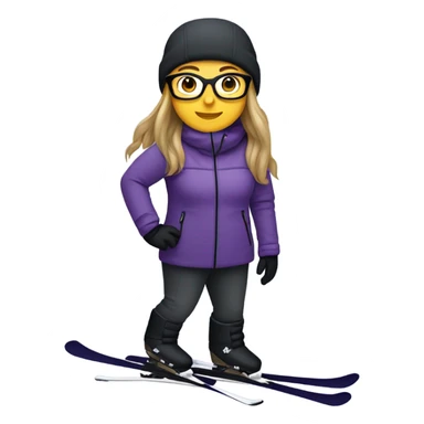chubby female skier with long straight hair, glasses, grey purple snow jacket, long black pants, black only snow boots and black skis. sticker