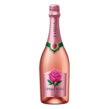 bottle of sparkling rosé with a rose logo on the label, angled to the left, no glass sticker