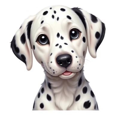 Cinematic Cute Spotted Dalmatian Portrait Emoji, Head tilted playfully and inquisitively, featuring a glossy Fur of predominantly white with dynamic black patches, round, sparkling eyes filled with gentle curiosity, Simplified yet irresistibly adorable features, highly detailed, glowing with a warm, friendly glow, high shine, affectionate and gentle, stylized with a touch of whimsy, bright and endearing, soft glowing outline, capturing the essence of a mischievous yet loving pup, so playful it feels like it could lumber out of the screen and into your arms! sticker