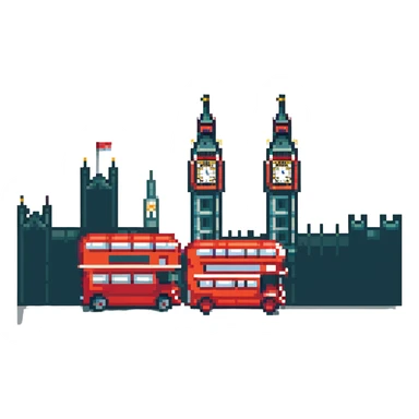 London cityscape with Big Ben and red double-decker bus in pixel art style sticker