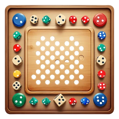 A photorealistic icon featuring a wooden board with a variety of game pieces, dice, a spinning top, and a set of colorful tokens. The design includes a rich, detailed texture of the board and game pieces, capturing the fun and strategy of different tabletop games. Transparent background. sticker