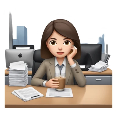 Девушка-мемоджи грустно сидит за офисным столом, вокруг разбросаны бумаги и папки, в руке стакан холодного кофе, выражение лица усталое и раздражённое, скучная офисная одежда, атмосфера уныния и серости. Белый фон. sticker