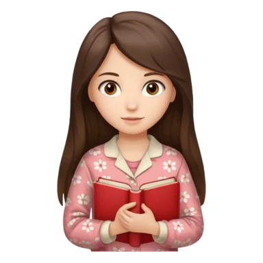 Миловидная девушка брюнетка с длинными  волосами, карими глазами в пижаме с книгой. Картинка должна были в цветах: бежевый, бледно красный и коричневый, белый sticker