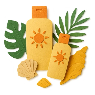 group of sunscreen bottles, shells, and tropical leaves, layered paper effect, paper-craft style sticker