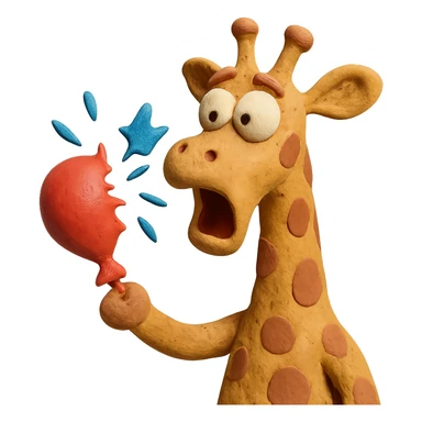 giraffe popping balloon in surprise expression, claymation style sticker