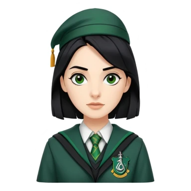 genevieve gaunt is Pansy Parkinson in harry potter, wear hogwarts slytherin uniform, black hair, not wearing hat sticker