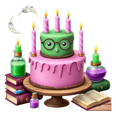 Harry Potter themed pink birthday cake with green 'Happy Birthday Harry' icing, surrounded by wizard books, candles, potion bottles, feathers, and glasses on wooden table, magical atmosphere." sticker